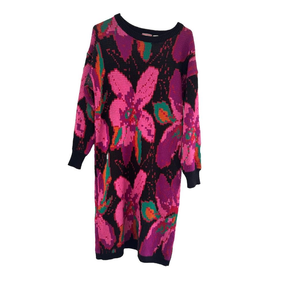 Rare Vintage 80s IVY Floral Knit Sweater Dress Floral Retro SzM EUC